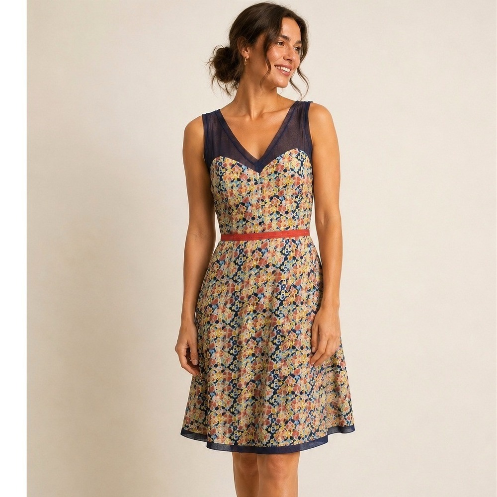 Staring at Stars Womens Floral Mesh Fit Flare Dress 12 Blue Multi Boho Cottage